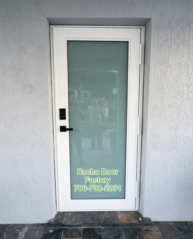 White full-glass impact entry door with smart lock