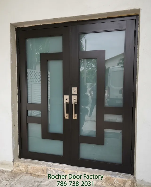 Modern bronze double entry doors with frosted geometric glass