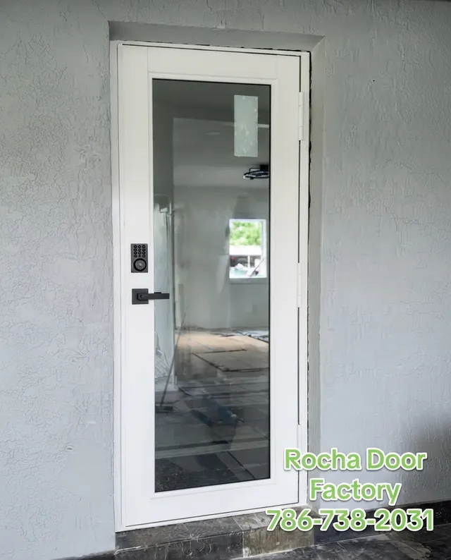 White impact door with clear glass and smart lock