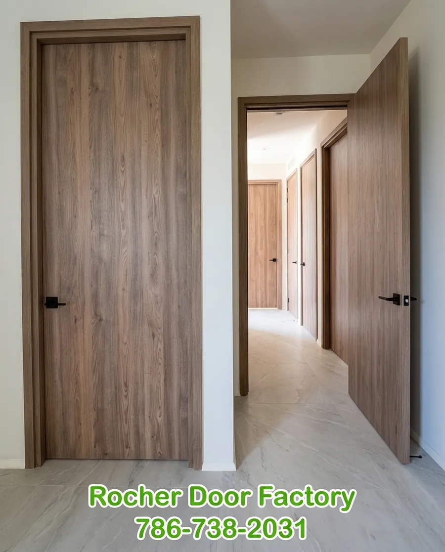 Full-height wood-grain interior doors with black handles in a modern hallway